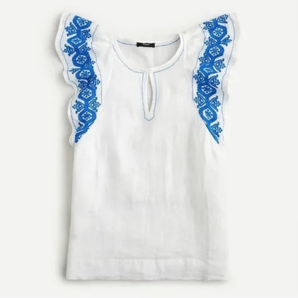 J.Crew Blue embroidered linen flutter Ruffle  sleeve blouse Sz: S